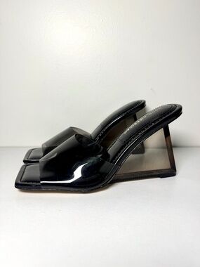 Good American Cinderella Square Toe Black Smoke Clear Wedge Heels | Size 7